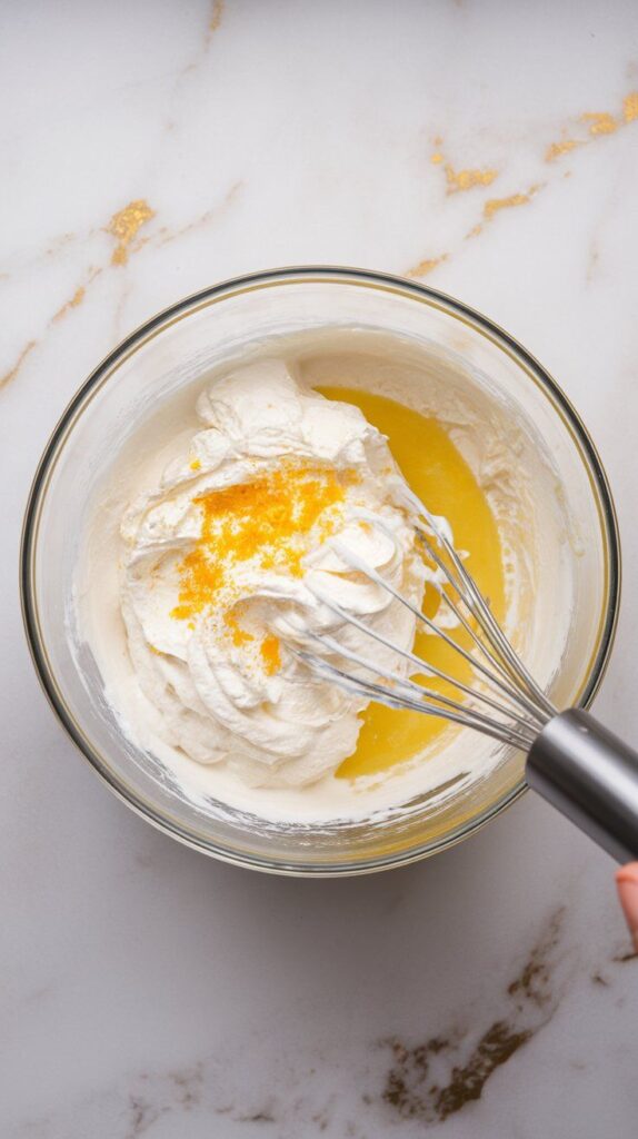 Greek yogurt and whipped cream being whisked together with lemon juice, zest, and powdered sugar in a mixing bowl, creamy and light texture forming