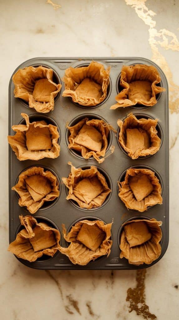 stacked phyllo squares being gently pressed into a muffin tin with fingers, forming small cup shapes with crinkled edges