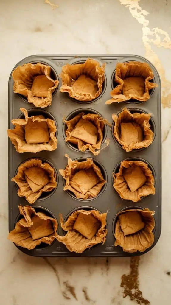 stacked phyllo squares being gently pressed into a muffin tin with fingers, forming small cup shapes with crinkled edges