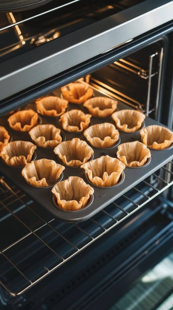 phyllo cups turning golden and puffed inside a muffin tin on the center rack of a modern stainless steel double oven, crisp edges curling slightly