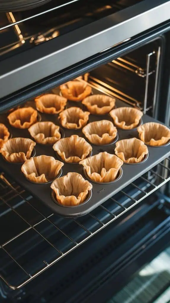 phyllo cups turning golden and puffed inside a muffin tin on the center rack of a modern stainless steel double oven, crisp edges curling slightly