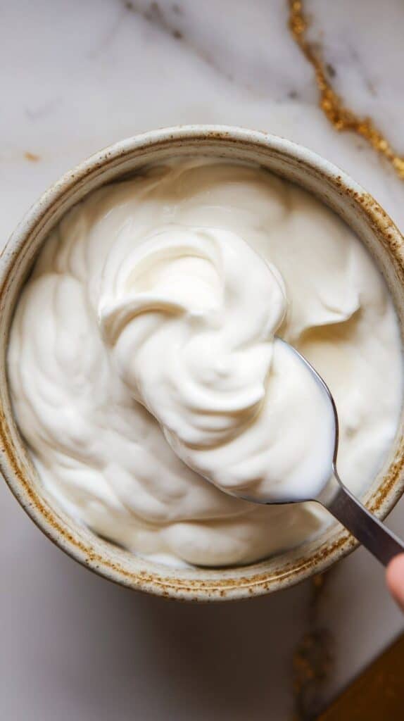 creamy Greek yogurt being swirled into a ceramic bowl with the back of a spoon, creating soft peaks and ridges