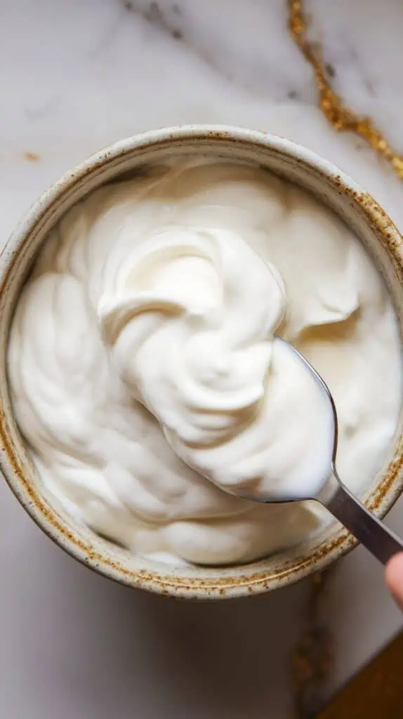 creamy Greek yogurt being swirled into a ceramic bowl with the back of a spoon, creating soft peaks and ridges