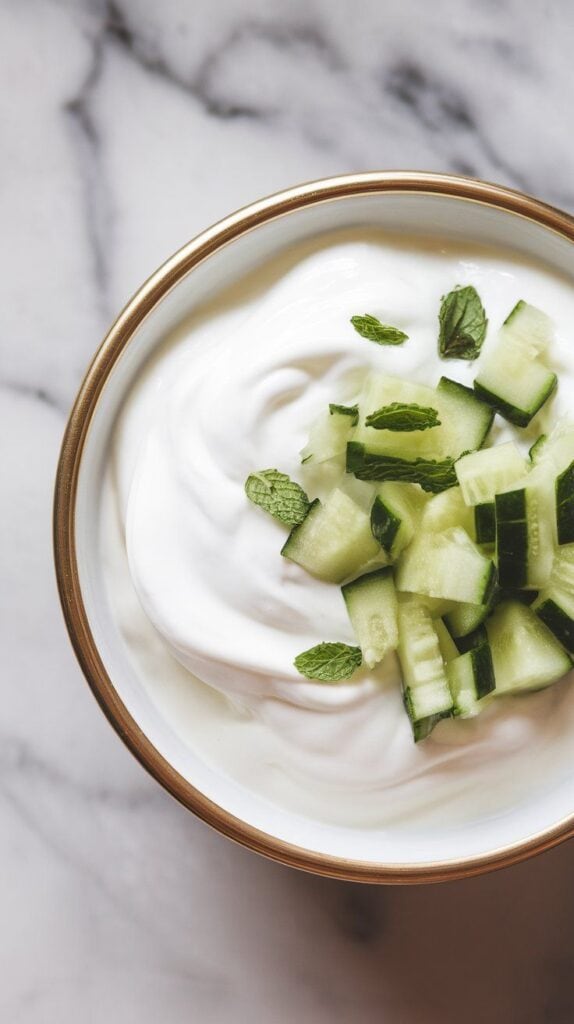  diced cucumber and chopped mint being sprinkled over thick white Greek yogurt, with green flecks and texture clearly visible.