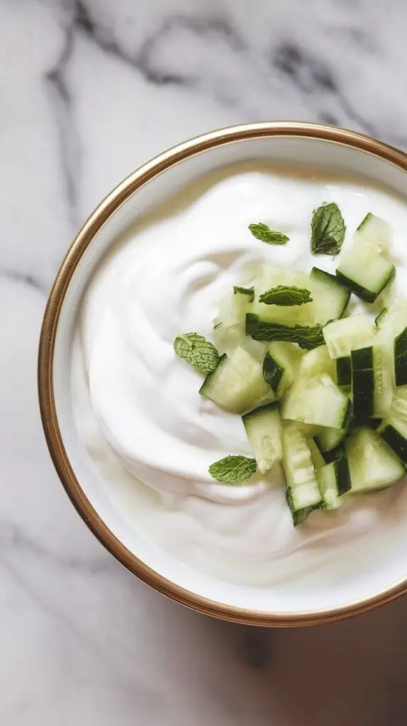  diced cucumber and chopped mint being sprinkled over thick white Greek yogurt, with green flecks and texture clearly visible.