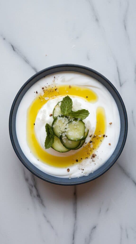 golden olive oil drizzling onto yogurt with cucumber and mint, with flaky sea salt and cracked black pepper sprinkled on top