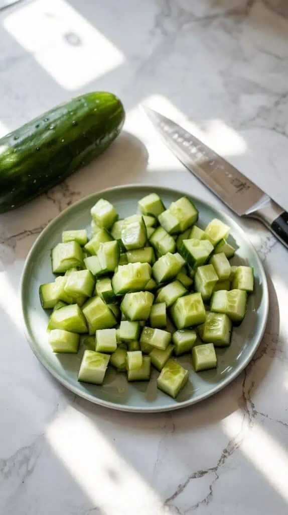 finely diced cucumber on a small white plate, pieces are small and even, with a peeled cucumber and knife just to the side