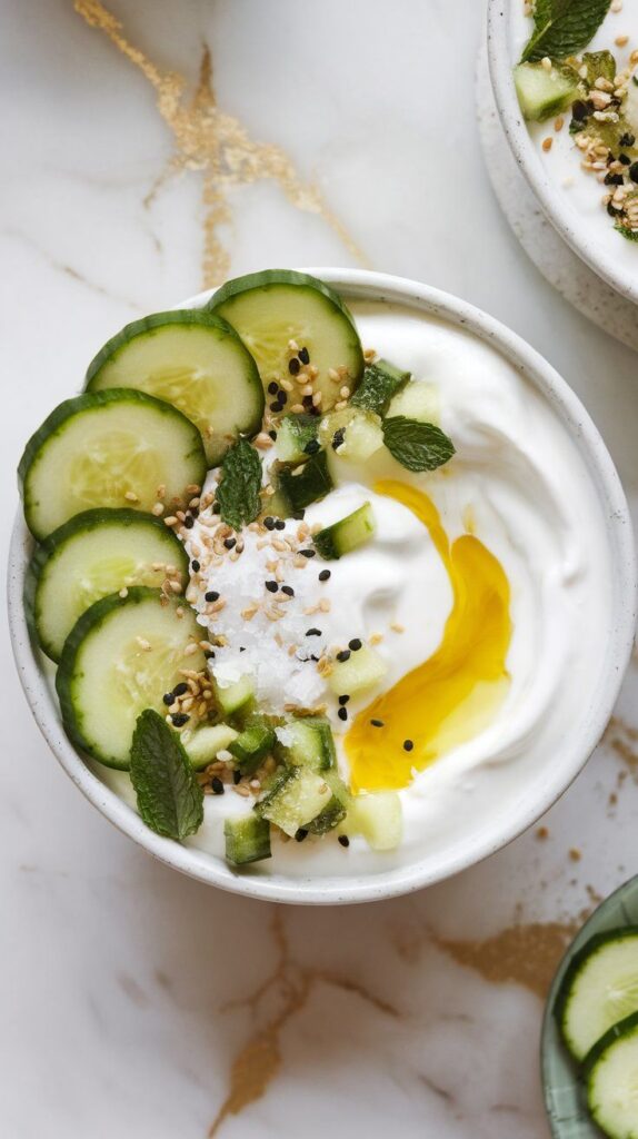 finished cucumber mint yogurt bowl with swirls of yogurt, diced cucumber, chopped mint, golden olive oil, flaky sea salt, and black pepper, garnished with cucumber slices and sesame seeds.