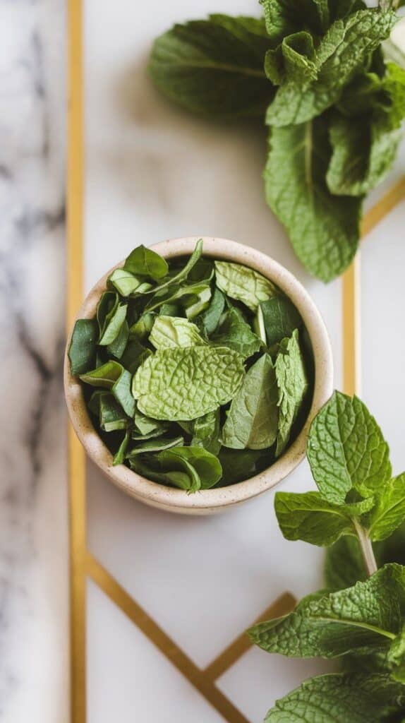 chopped mint leaves on a small ceramic dish, bright green and freshly cut, with a few whole mint sprigs beside it