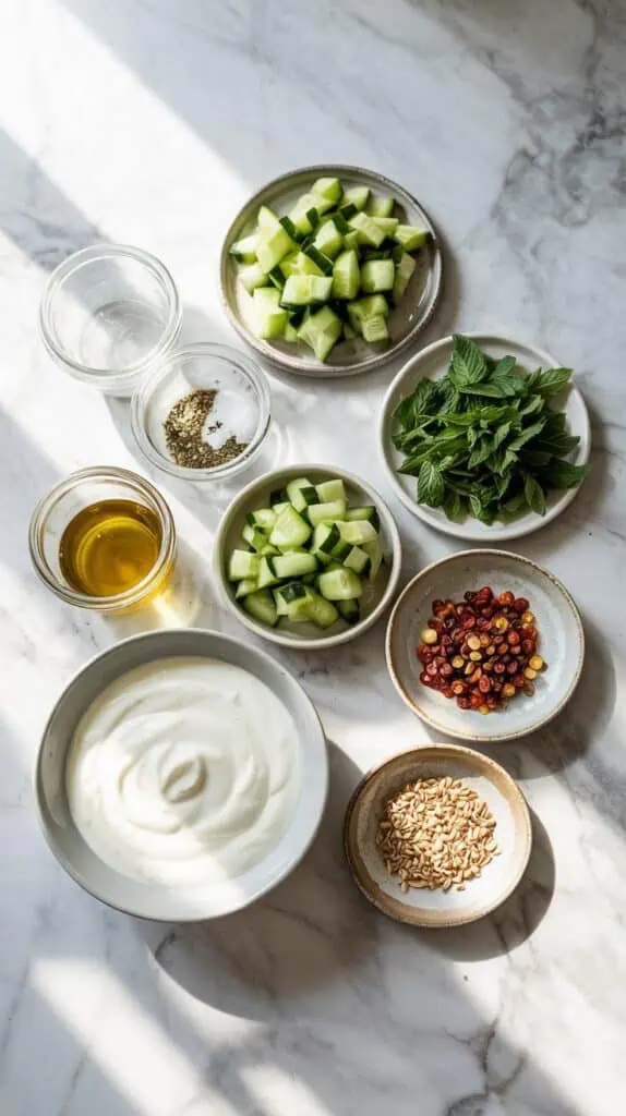 cucumber mint yogurt bowl ingredients: thick Greek yogurt in a shallow dish, finely diced cucumber on a small plate, chopped fresh mint on a small ceramic dish, golden olive oil in a shallow glass plate, flaky sea salt and cracked black pepper in tiny clear jars, with optional toppings