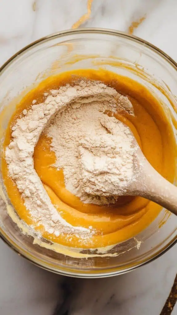 flour mixture being folded into the egg and oil batter with a spatula, smooth golden batter starting to form, some flour still visible