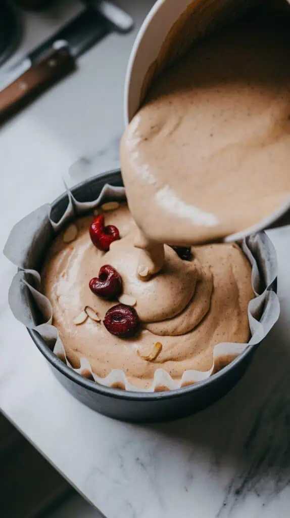 cake batter being poured into a parchment-lined round cake pan, cherries and almond slices placed gently on top, batter evenly spread with a spatula