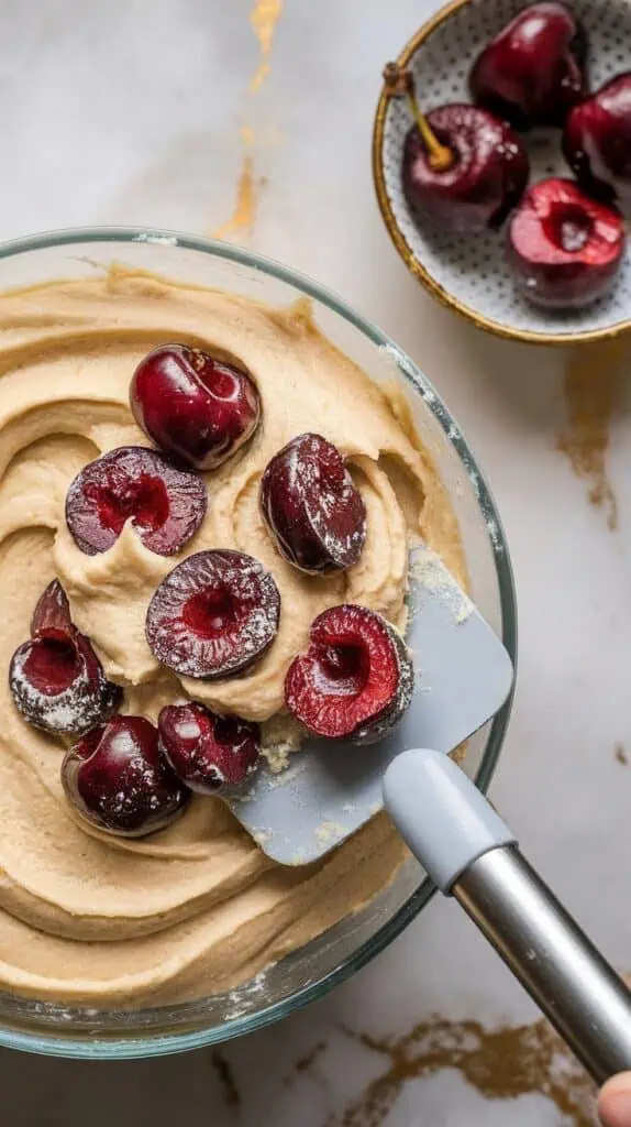 loured cherry halves being gently folded into smooth cake batter using a spatula, a few cherries set aside in a small bowl,