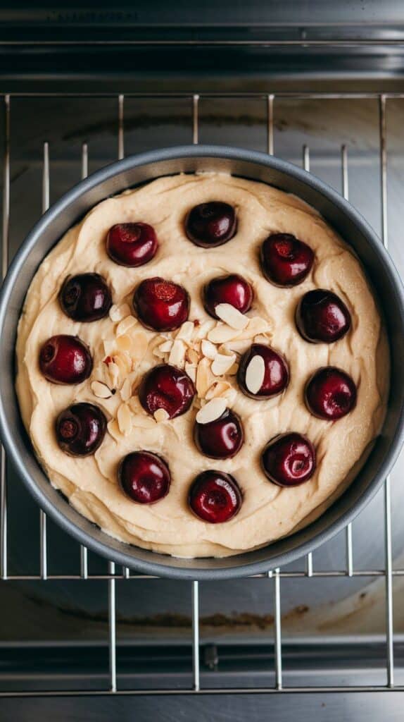 cherry almond cake baking on the center rack of a modern stainless steel double oven, top turning golden and puffed with fruit peeking through