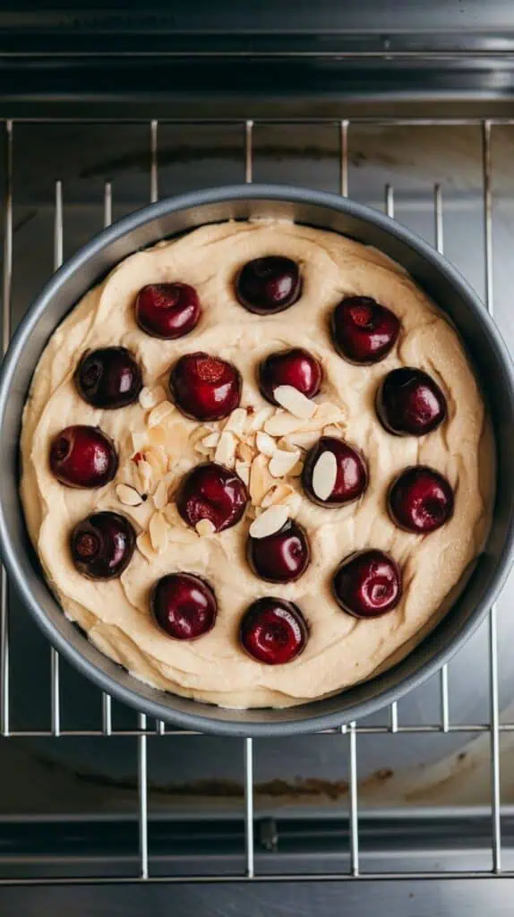 cherry almond cake baking on the center rack of a modern stainless steel double oven, top turning golden and puffed with fruit peeking through