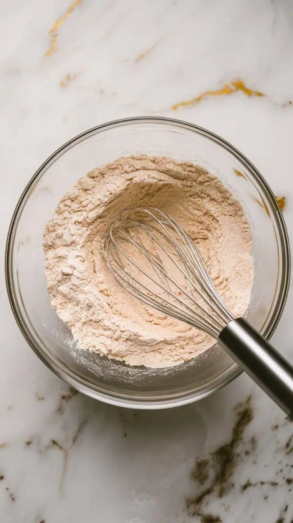 all-purpose flour, almond flour, baking powder, and salt being whisked together in a glass mixing bowl, dry ingredients fully combined with soft texture, whisk resting to the side, on white marble counters with hints of gold