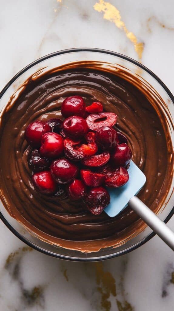 glossy chocolate batter with fresh chopped cherries being gently folded in with a spatula, bright red fruit visible in dark batter