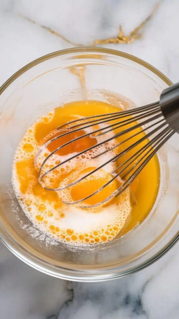 whole eggs, yolks, and granulated sugar being whisked together in a glass bowl until pale yellow and foamy, on white marble counters with hints