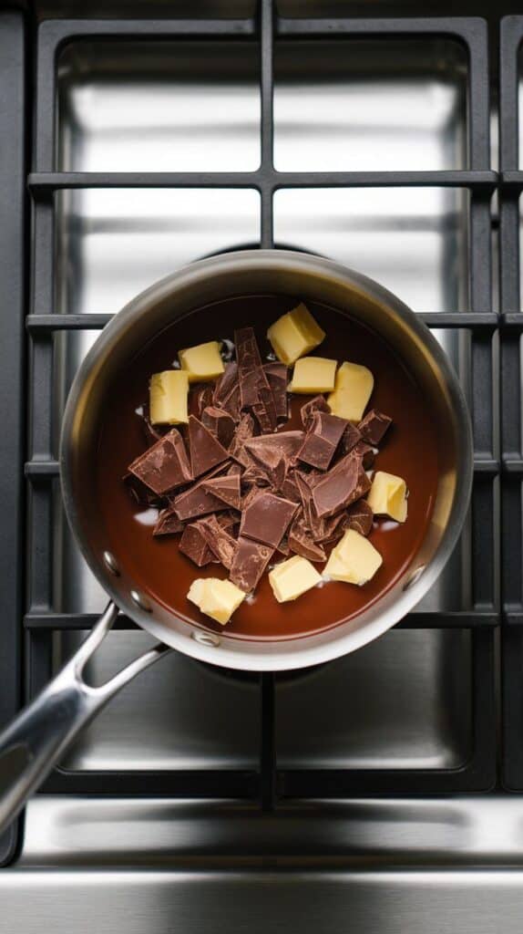 chopped semisweet chocolate melting with butter in a small saucepan, smooth and glossy mixture forming, on a modern stainless steel gas stove