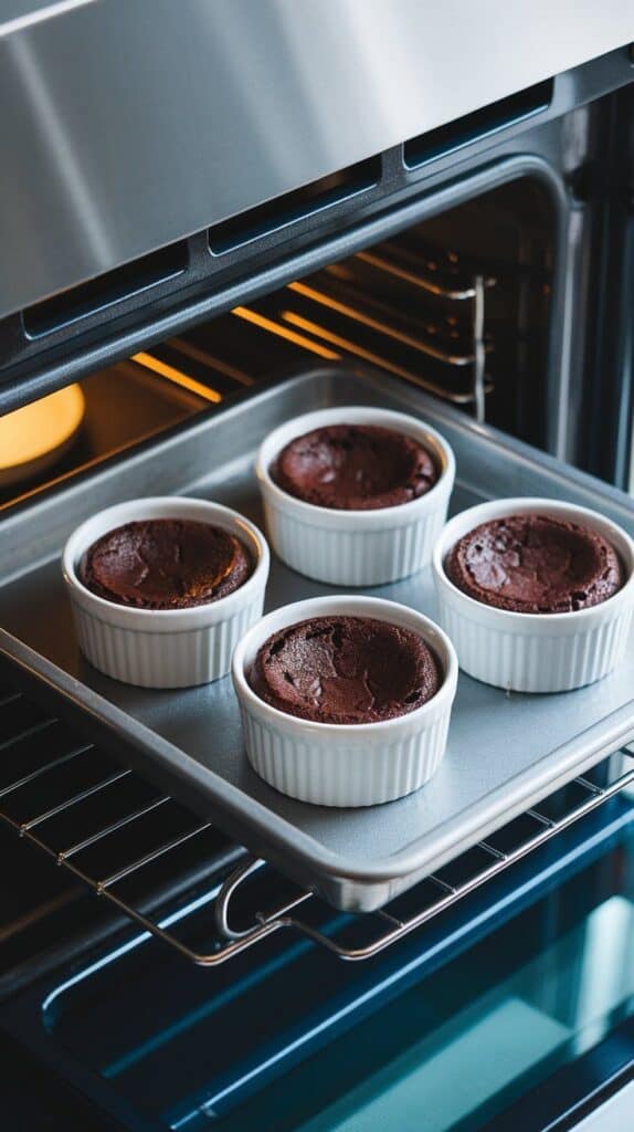hocolate lava cakes baking in white ramekins on a baking tray, edges puffed and firm with slightly soft centers