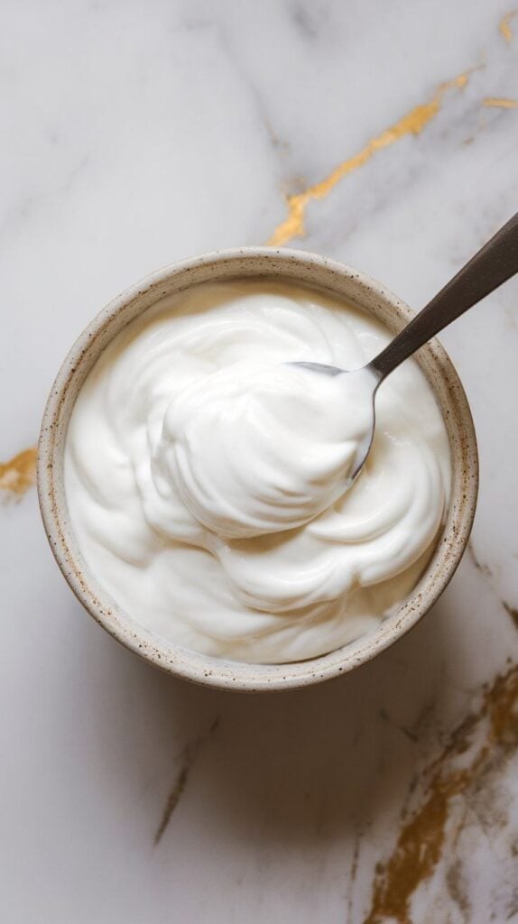 thick Greek yogurt being spooned and swirled into a ceramic bowl, creating soft ridges on the surface