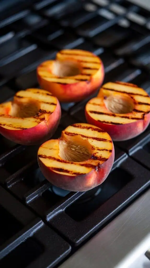 peach halves grilling cut-side down on a grill pan, caramelized grill lines forming on the surface, fruit slightly softened