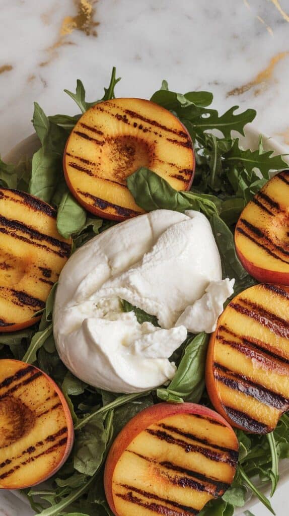  golden grilled peaches and torn burrata placed over arugula and basil, creamy cheese slightly oozing onto the greens.
