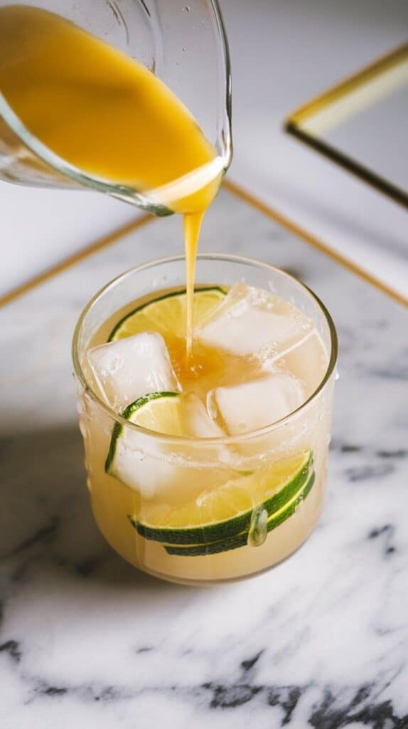 key lime juice and coconut syrup being poured into the iced glass, liquids swirling around the cubes, with droplets clinging to the glass sides