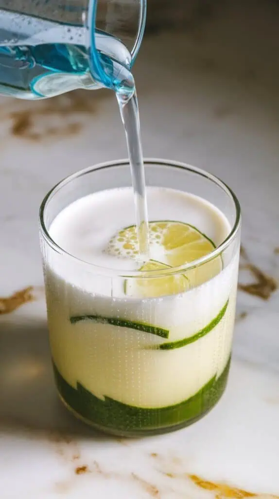 fizzy Sprite being poured into the glass over layered ingredients, bubbles forming at the top, condensation on the outside of the glass
