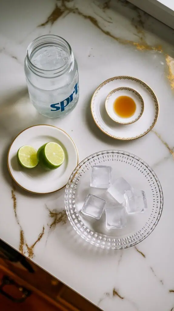 1 cup sprite in a clear glass jar, 1½ tablespoons key lime juice in a small plate, 1 tablespoon coconut syrup in a tiny glass saucer, 2 tablespoons sweetened condensed milk in a clear dish, a few clear ice cubes on a white plate
