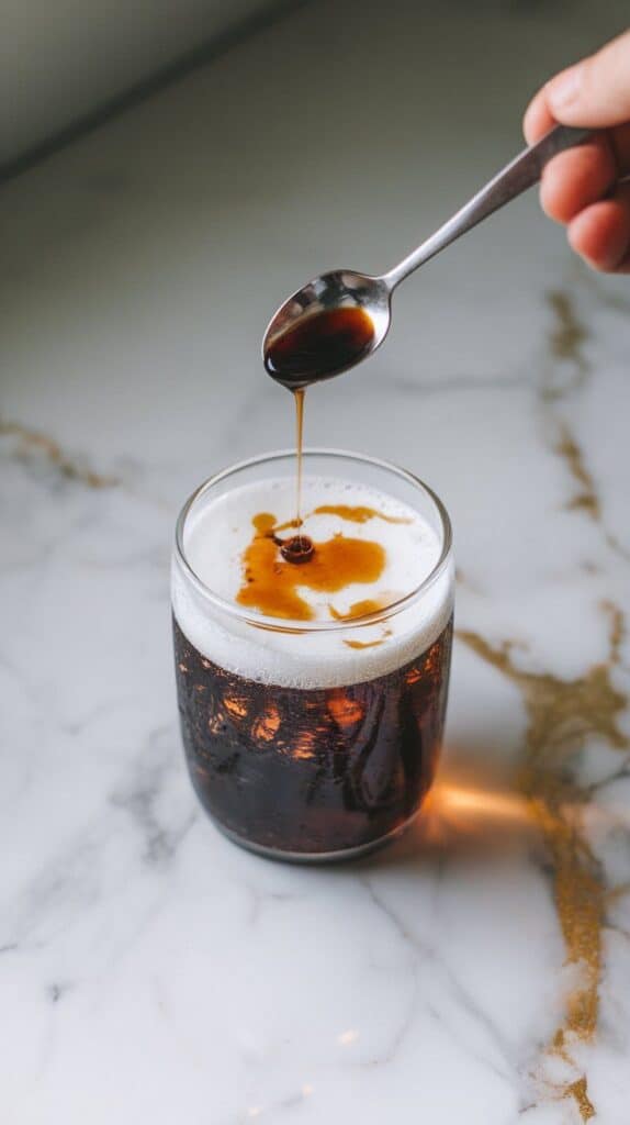 creamy half & half being poured into the soda glass, swirling with fizzy dark soda and maple ribbons underneath