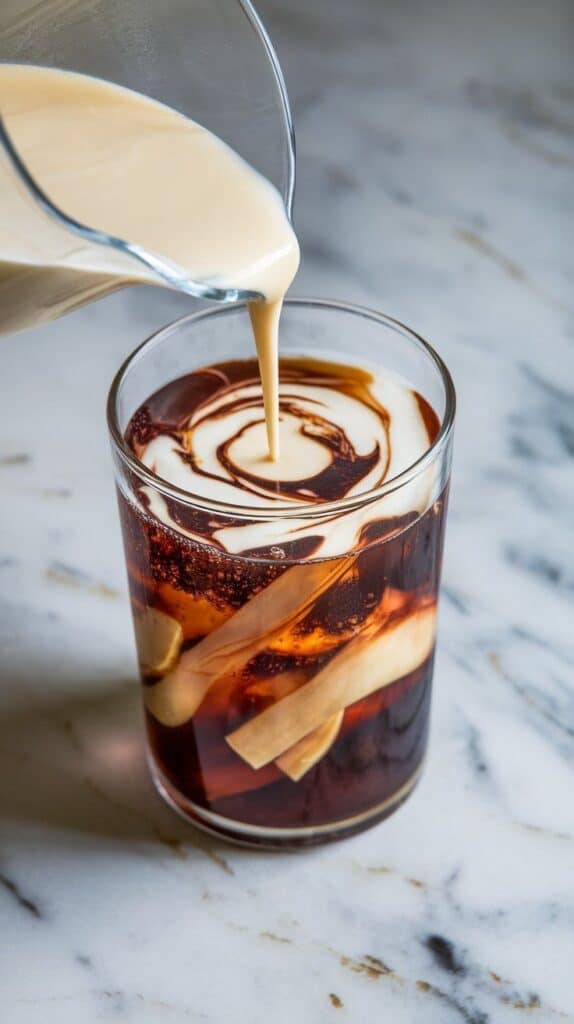  a tiny spoon of vanilla extract being drizzled into a fizzy glass of Pepsi and maple syrup, droplets falling in slow motion