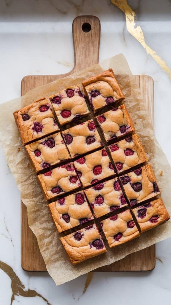 golden mulberry brown butter blondies sliced into neat squares, mulberries visible inside each piece, served on parchment paper