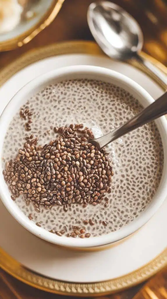 thickening coconut chia pudding being stirred again with a spoon, seeds suspended evenly in creamy liquid