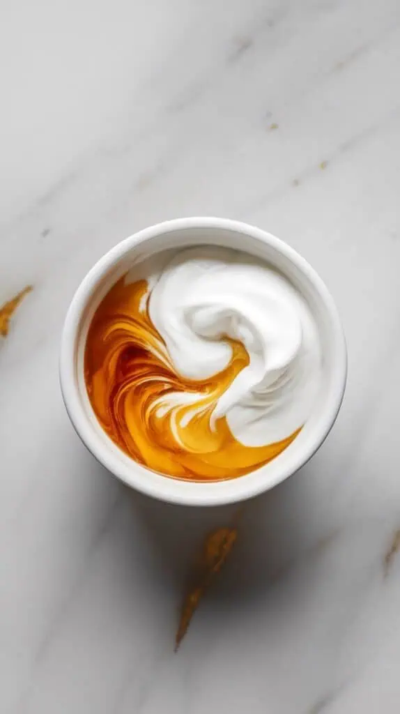 plain Greek yogurt being mixed with golden honey in a small white bowl, swirls forming a creamy, glossy texture