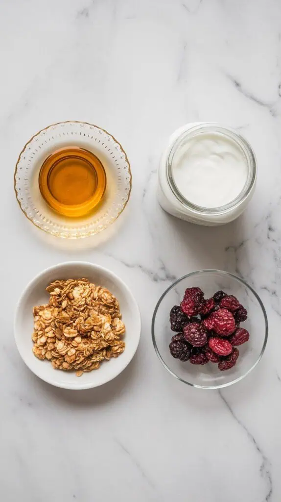 2 cups plain Greek yogurt in a small white bowl, 2 tablespoons honey on a clear shallow plate, ½ cup granola on a small white dish, and ⅓ cup mulberries