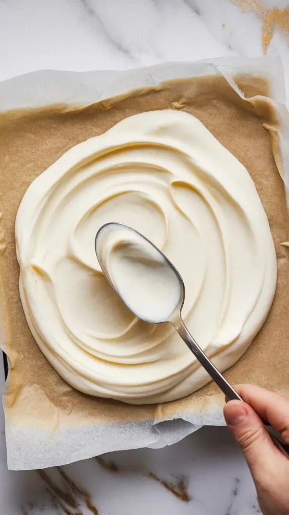 thick yogurt-honey mixture being spread onto parchment paper with the back of a spoon, creamy texture forming an even layer