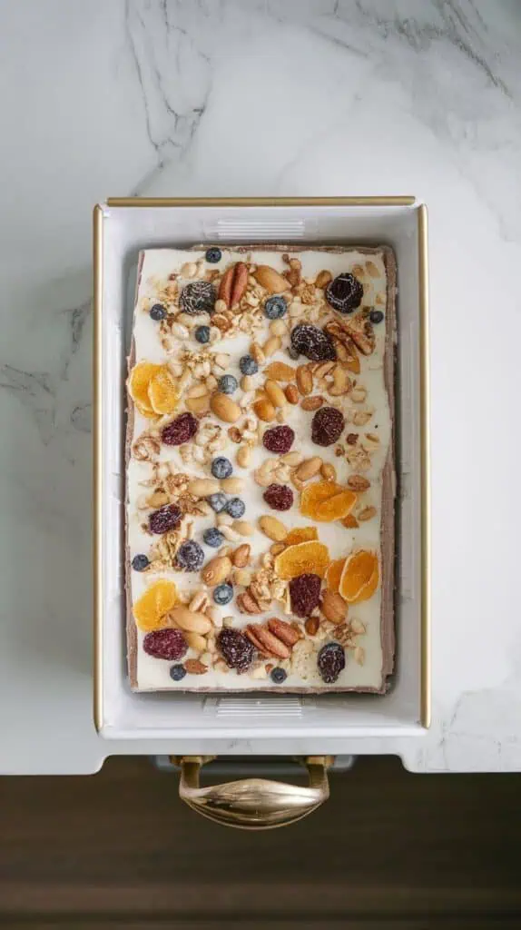 the topped yogurt bark tray resting evenly in a freezer drawer, toppings visible through a light frost forming