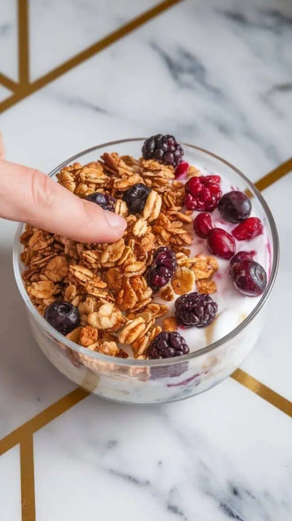 granola and mulberries being scattered over the yogurt layer, textures of crisp granola and soft berries visible, fingers gently pressing them in