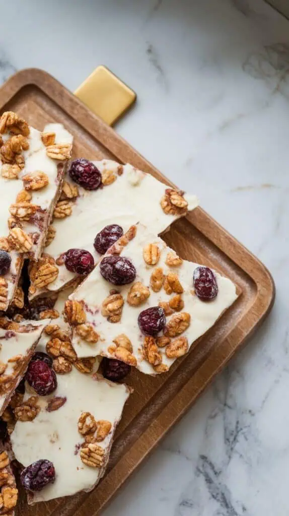 frozen yogurt bark broken into rough, jagged pieces, showing creamy white yogurt with granola clusters and mulberries on top