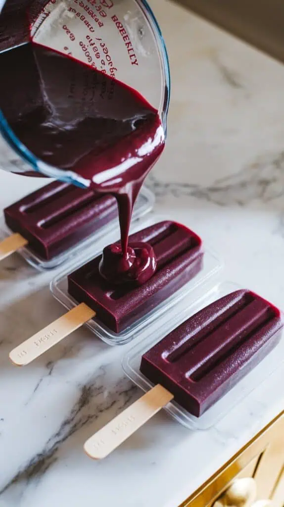 filled popsicle molds with sticks placed upright in the center, mixture vibrant purple and even, being slid into the freezer drawer