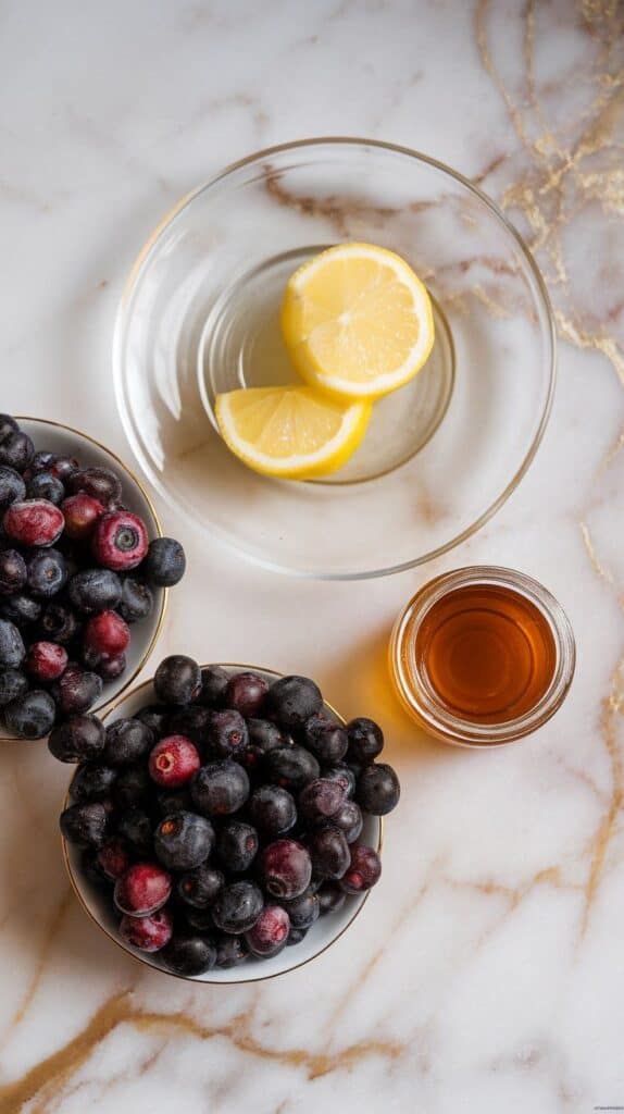 2 cups mulberries (fresh or thawed frozen) in a small white bowl, 2 tablespoons lemon juice in a clear shallow plate, and 2 tablespoons honey in a small glass dish