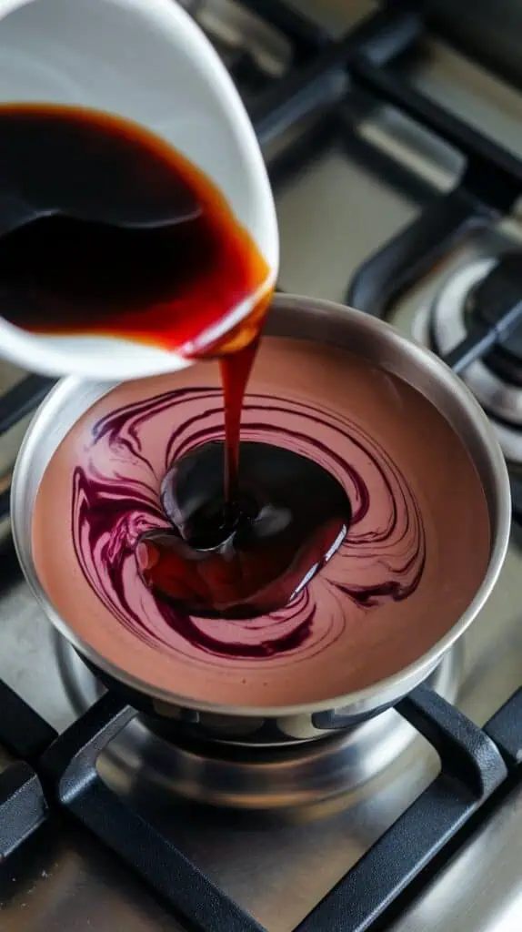 dark mulberry syrup and vanilla being poured into chocolatey milk mixture, deep purple swirls blending with rich brown cocoa