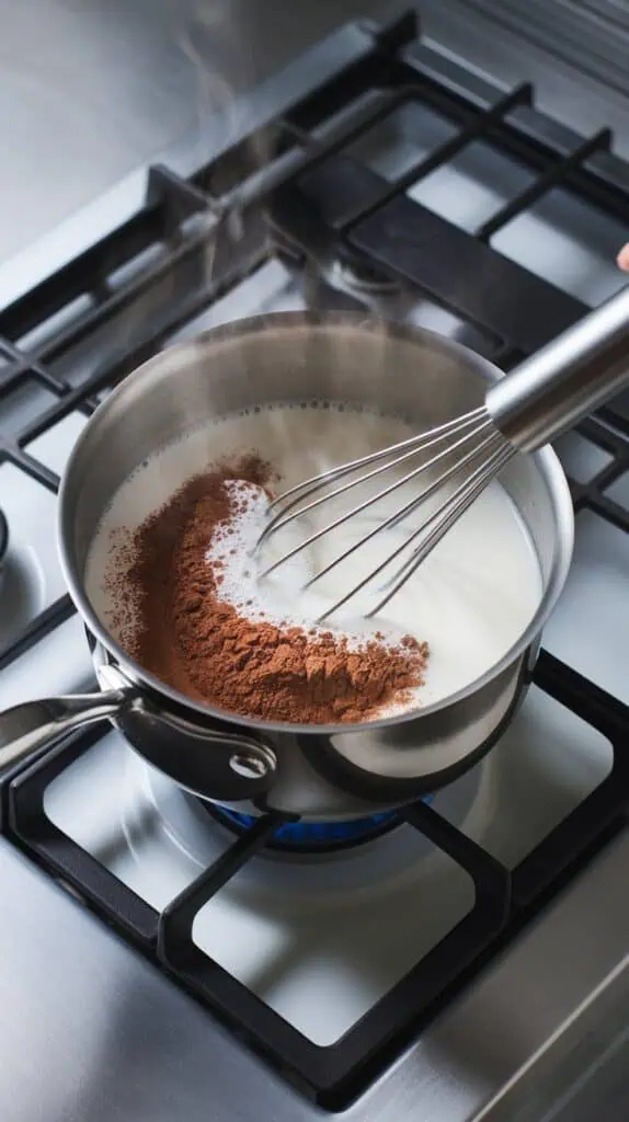  cocoa powder and sugar being whisked into steaming milk, mixture turning rich and smooth
