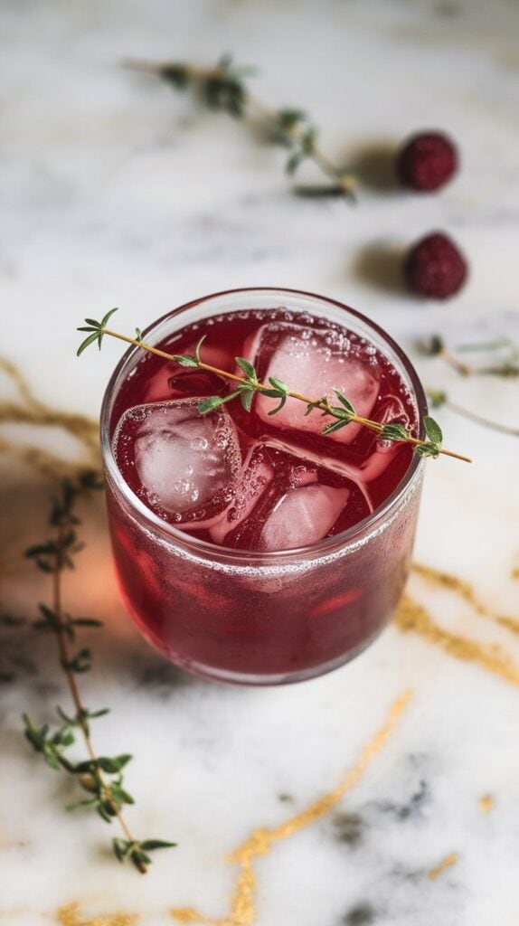 finished mulberry shrub cocktail in a short glass filled with ice, deep red color, bubbles rising, garnished with thyme and mulberries