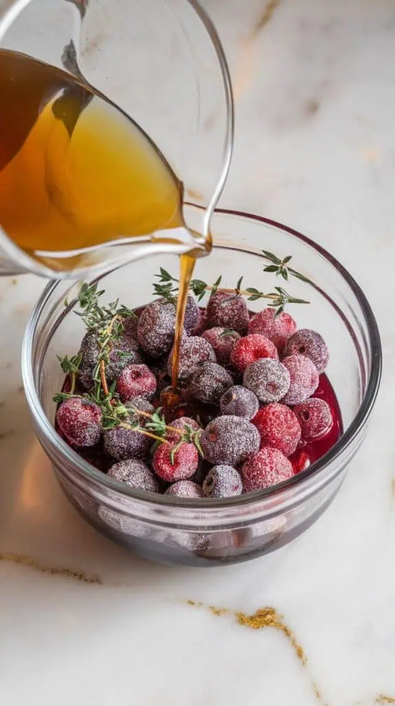 apple cider vinegar being poured over sugared mulberries and fresh thyme sprigs in a glass bowl, mixture turning syrupy and deep purple