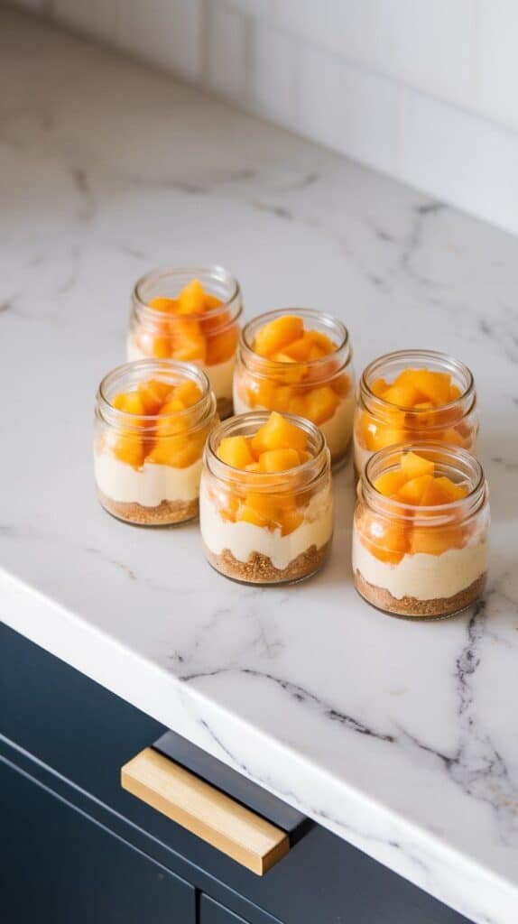 mini dessert jars being filled with layers of graham cracker crumbs, creamy cheesecake filling, and diced peaches in clear glasses