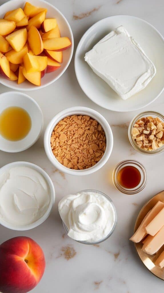 no-bake peach cheesecake cup ingredients: diced ripe peaches on a small plate, crushed graham crackers in a small bowl, melted butter in a shallow plate, softened cream cheese in a small dish, Greek yogurt in a shallow plate, honey drizzled onto a small plate, vanilla extract poured into a small plate, and optional toppings—whipped cream and crushed nuts—each in small unlabeled plates or jars.