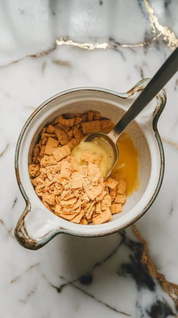 cream cheese, Greek yogurt, honey, and vanilla extract being whisked together in a bowl into a smooth, creamy mixture