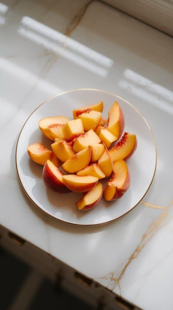 one ripe peach, freshly diced into small juicy cubes on a white plate, juice glistening slightly